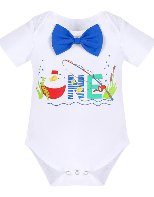 Load image into Gallery viewer, Big One Boys Bowtie Romper Suspenders Diaper Cover Hat Royal Blue Size 6-12M
