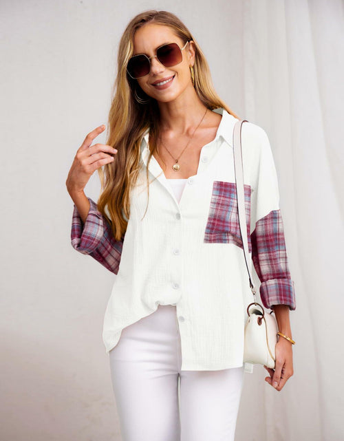 Load image into Gallery viewer, HWOKEFEIYU Women's Cotton Long Sleeve Shirt Red Grid Size M
