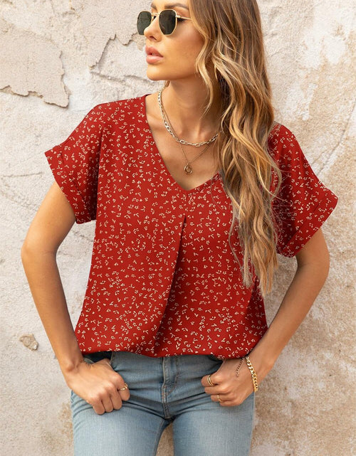Load image into Gallery viewer, QUEZHU Women's V Neck Short Sleeve Chiffon Blouse Wine Red Size Small
