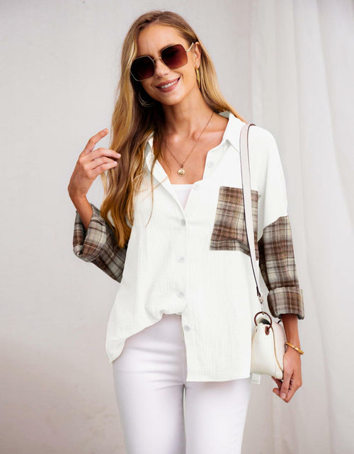 Load image into Gallery viewer, HWOKEFEIYU Cotton Button Down Shirt Women Casual Brown Grid Size S
