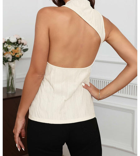 BEAUDRM Women's Textured Backless Mock Neck Tank Top Apricot Size L