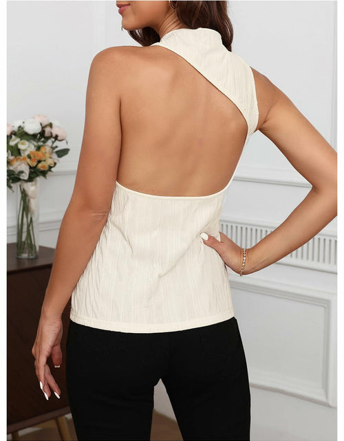 Load image into Gallery viewer, BEAUDRM Women's Textured Backless Mock Neck Tank Top Apricot Size L
