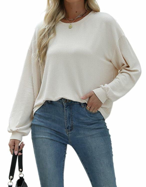 Load image into Gallery viewer, Nfsion Womens Casual Long Sleeve Crewneck Ribbed Shirt Apricot Size S
