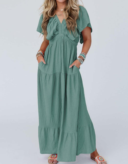 Load image into Gallery viewer, Acelitt Women's Maxi Dress V Neck Short Sleeve Black Size Small
