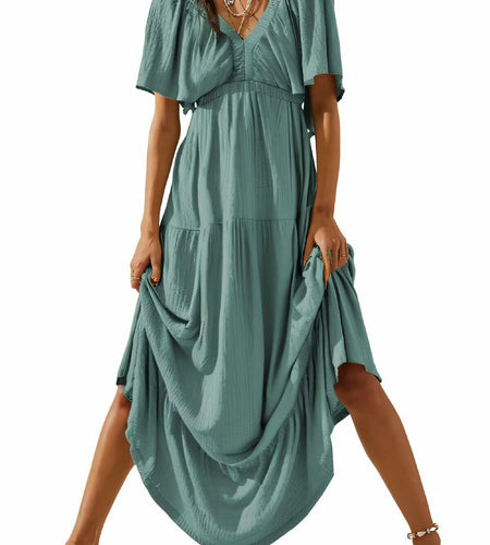 Acelitt Women's Maxi Dress V Neck Short Sleeve Black Size Small