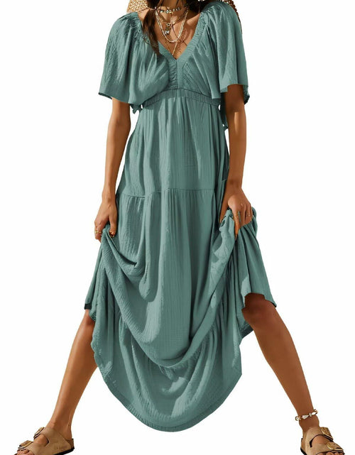 Load image into Gallery viewer, Acelitt Women's Maxi Dress V Neck Short Sleeve Black Size Small
