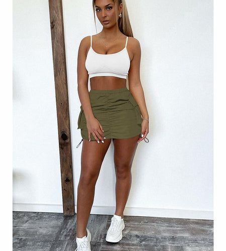 Womens Y2K Cargo Mini Skirt Elastic Waist Ruched Side Pockets Size S