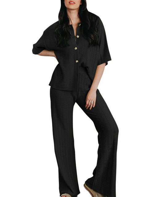 Load image into Gallery viewer, Imily Bela Womens Hollow Out Knit Cardigan &amp; Wide Leg Pants Set Black Size M
