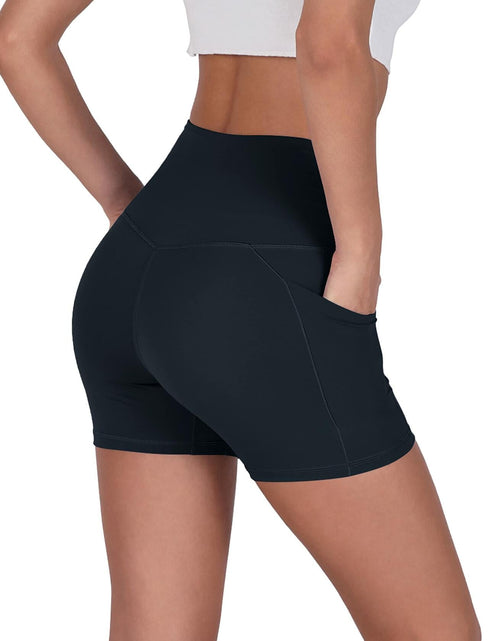 Load image into Gallery viewer, ODODOS Gathered Cross Waist Yoga Shorts with Pockets Navy Size XS
