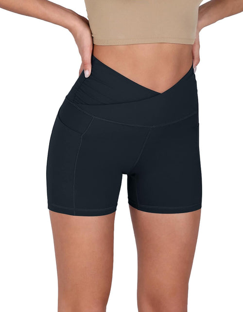 Load image into Gallery viewer, ODODOS Gathered Cross Waist Yoga Shorts with Pockets Navy Size XS
