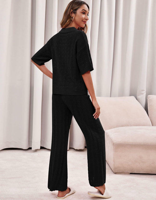 Load image into Gallery viewer, Imily Bela Womens Hollow Out Knit Cardigan &amp; Wide Leg Pants Set Black Size M
