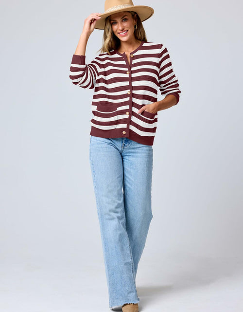 Load image into Gallery viewer, ANRABESS Women's Tweed Knit Cardigan White Red Stripe Size Small
