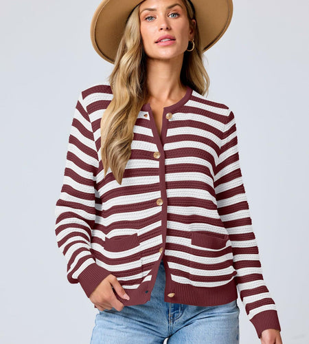 ANRABESS Women's Tweed Knit Cardigan White Red Stripe Size Small