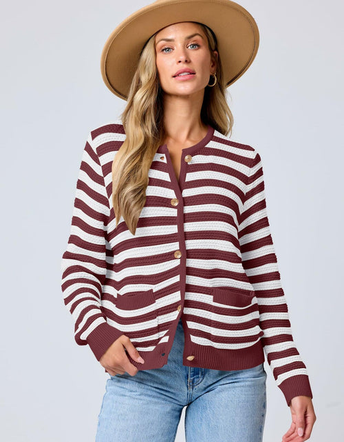 Load image into Gallery viewer, ANRABESS Women's Tweed Knit Cardigan White Red Stripe Size Small

