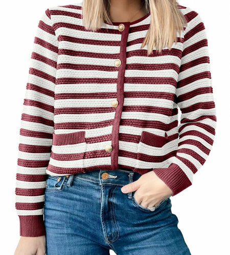 ANRABESS Women's Tweed Knit Cardigan White Red Stripe Size Small
