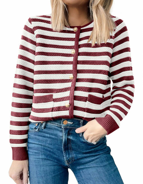 Load image into Gallery viewer, ANRABESS Women's Tweed Knit Cardigan White Red Stripe Size Small
