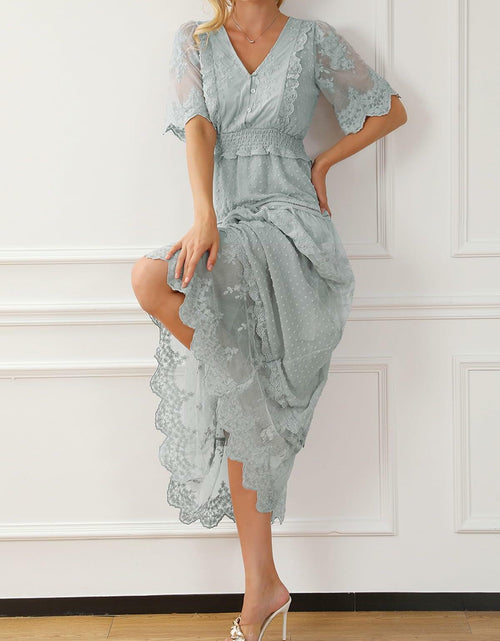 Load image into Gallery viewer, Happy Sailed Womens Gray Floral Lace Maxi Dress V Neck Button Down Size M
