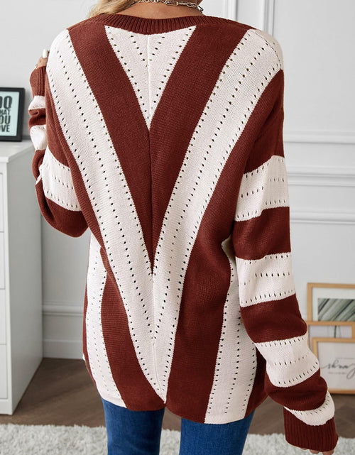 Load image into Gallery viewer, EVALESS Womens Brown Striped Knit Sweater Long Sleeve Pullover Size S
