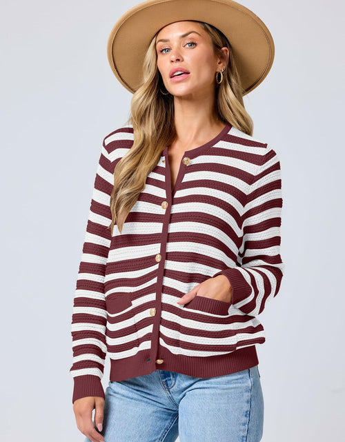 Load image into Gallery viewer, ANRABESS Women's Tweed Knit Cardigan White Red Stripe Size Small
