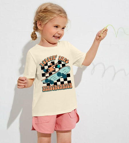 FAYALEQ Rollin Into Kindergarten Skateboard Shirt Beige Kids - Size 3-4T