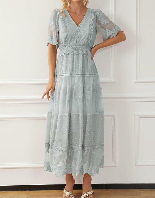 Load image into Gallery viewer, Happy Sailed Womens Gray Floral Lace Maxi Dress V Neck Button Down Size M
