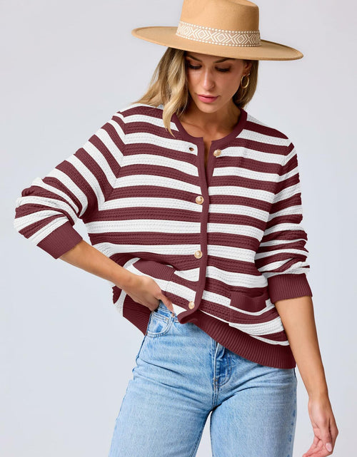 Load image into Gallery viewer, ANRABESS Women's Tweed Knit Cardigan White Red Stripe Size Small
