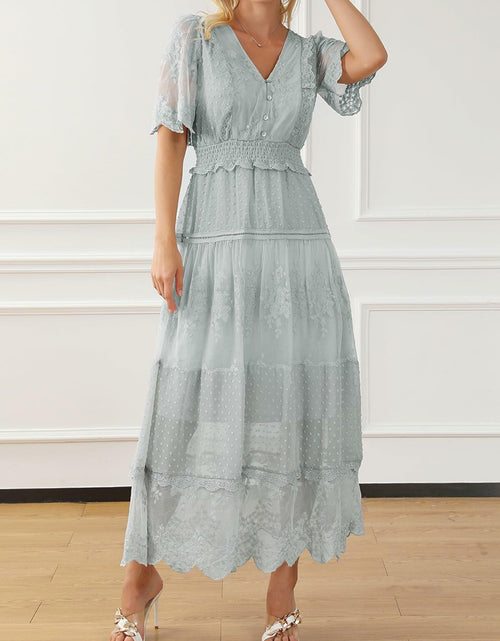 Load image into Gallery viewer, Happy Sailed Womens Gray Floral Lace Maxi Dress V Neck Button Down Size M
