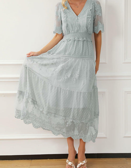 Load image into Gallery viewer, Happy Sailed Womens Gray Floral Lace Maxi Dress V Neck Button Down Size M
