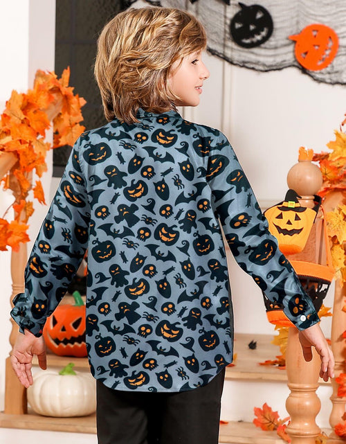 Load image into Gallery viewer, Boys Halloween Ghost Pumpkin Long Sleeve Button-Up Shirt Size 7-8
