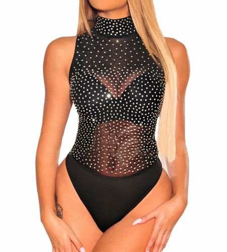 SEBOWEL Women's Studded Mock Neck Sleeveless Bodysuit Black Size M
