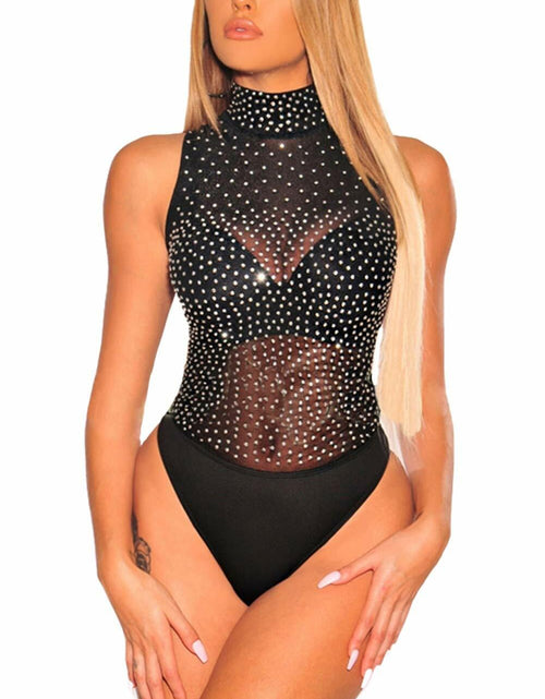Load image into Gallery viewer, SEBOWEL Women's Studded Mock Neck Sleeveless Bodysuit Black Size M
