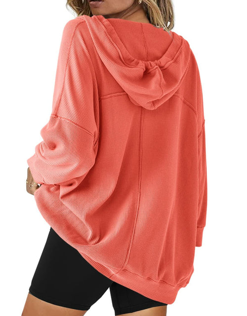 Load image into Gallery viewer, SENSERISE Womens Oversized Melon Red V Neck Hoodie Sweatshirt Size S
