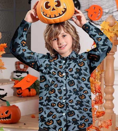 Boys Halloween Ghost Pumpkin Long Sleeve Button-Up Shirt Size 7-8