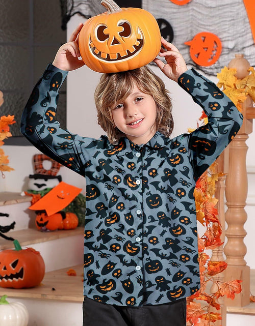 Load image into Gallery viewer, Boys Halloween Ghost Pumpkin Long Sleeve Button-Up Shirt Size 7-8

