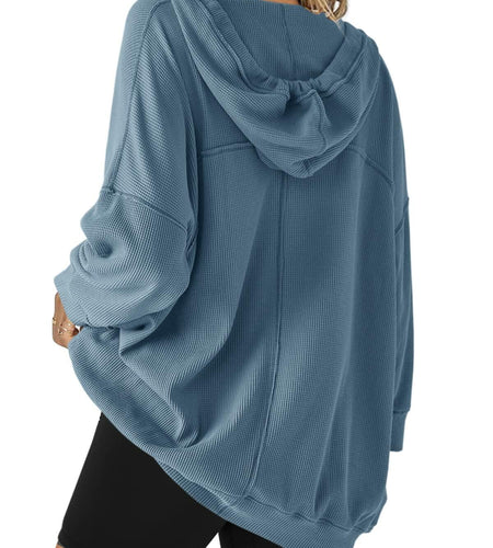 SENSERISE Womens Oversized V Neck Waffle Knit Hoodie Dusty Blue Size S
