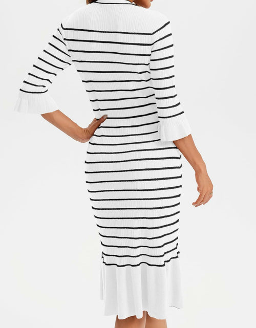 Load image into Gallery viewer, Wenrine Womens White Striped Sweater Dress V Neck Midi Knit Size M
