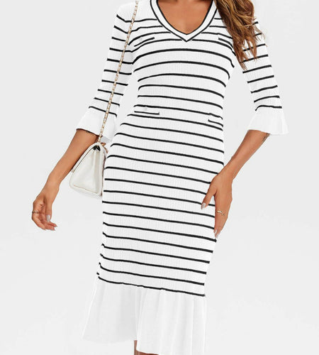 Wenrine Womens White Striped Sweater Dress V Neck Midi Knit Size M