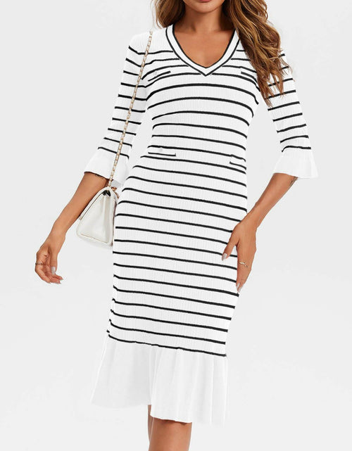 Load image into Gallery viewer, Wenrine Womens White Striped Sweater Dress V Neck Midi Knit Size M
