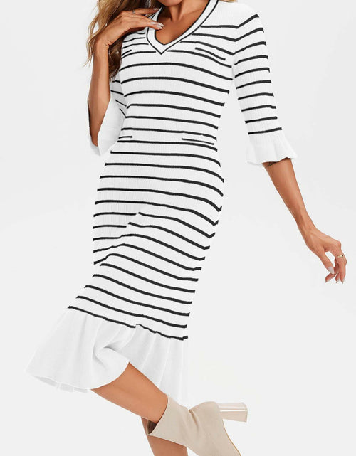 Load image into Gallery viewer, Wenrine Womens White Striped Sweater Dress V Neck Midi Knit Size M
