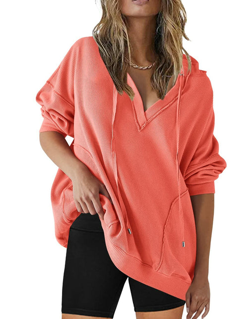 Load image into Gallery viewer, SENSERISE Womens Oversized Melon Red V Neck Hoodie Sweatshirt Size S
