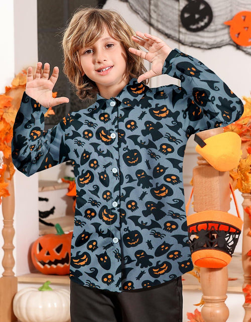 Load image into Gallery viewer, Boys Halloween Ghost Pumpkin Long Sleeve Button-Up Shirt Size 7-8
