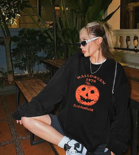 KIMSOONG Womens Oversized Halloween Pumpkin Sweatshirt Apricot Size XL