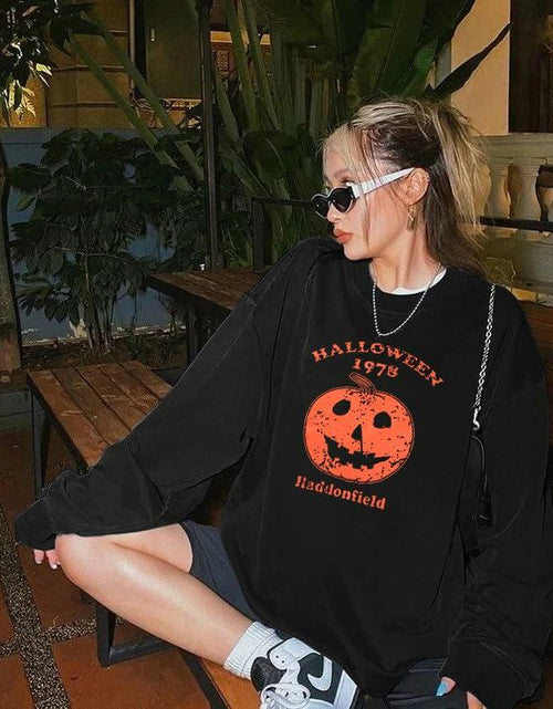 Load image into Gallery viewer, KIMSOONG Womens Oversized Halloween Pumpkin Sweatshirt Apricot Size XL
