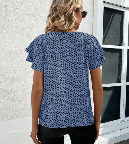 SOLY HUX Women's Ruffle Short Sleeve Blouse Casual Round Neck Blue Black Size S