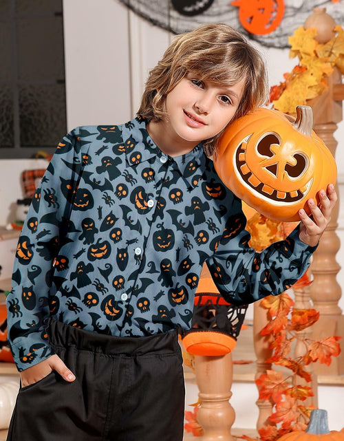 Load image into Gallery viewer, Boys Halloween Ghost Pumpkin Long Sleeve Button-Up Shirt Size 7-8
