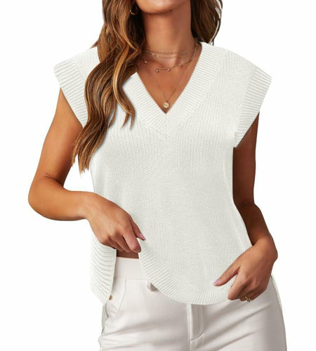 Lueluoye White V Neck Sleeveless Sweater Vest Women Casual Size S