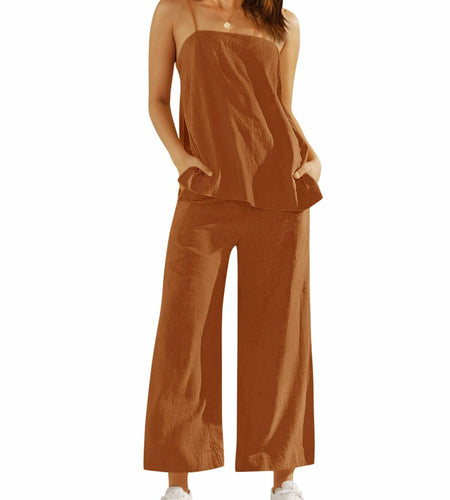 Imily Bela Womens Linen 2PC Camisole & Wide Leg Pants Brick Red Size XXL