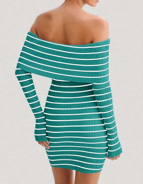 Load image into Gallery viewer, Wenrine Womens Off Shoulder Knit Mini Dress Blue Long Sleeve Size M
