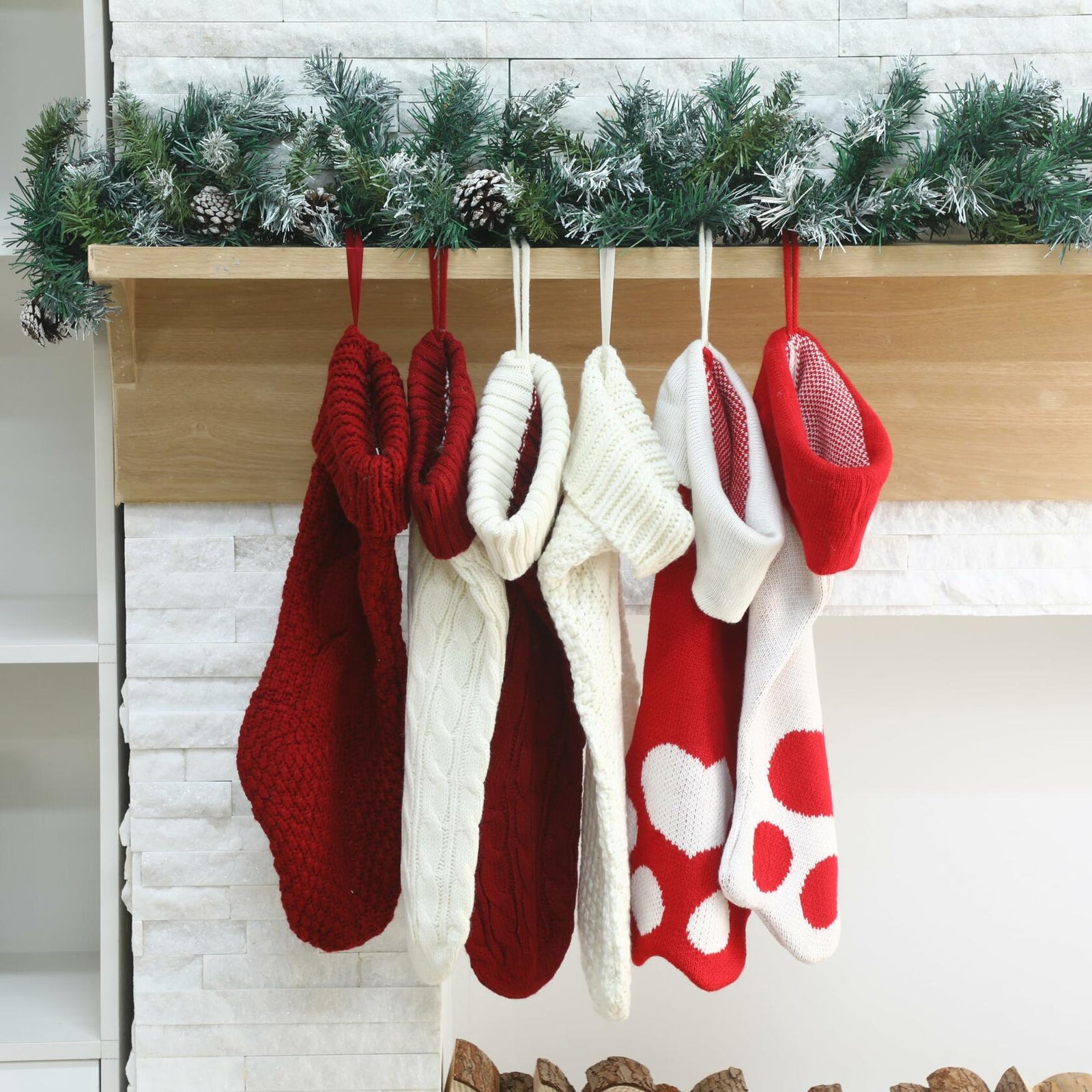 Geyoga 6 Pcs Dog Christmas Stocking Red White Knitted 18in Large Set