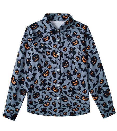 Boys Halloween Ghost Pumpkin Long Sleeve Button-Up Shirt Size 7-8